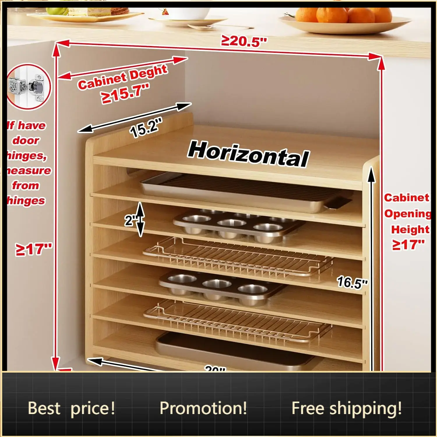 Kitchen Baking Tray Organizer - 7 Tier Wooden Tray Dividers for